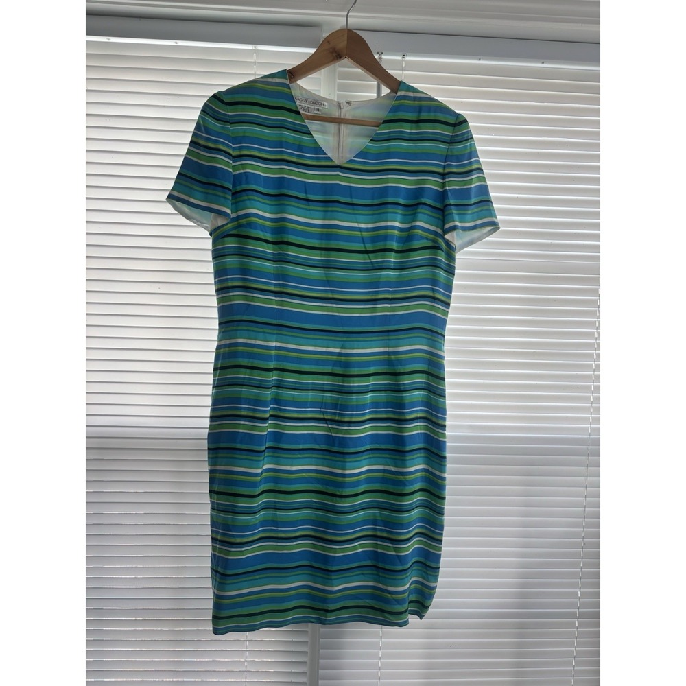 Maggy London‎ Vintage Silk Stripe Short Sleeve Shift Dress Blue Green Black 14